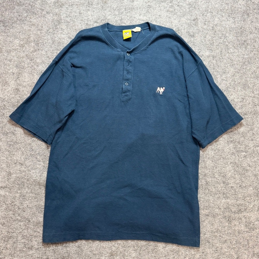 Vintage 90s Big Dogs Mens XL Henley Shirt Navy Blue Waffle Knit Short Sleeve